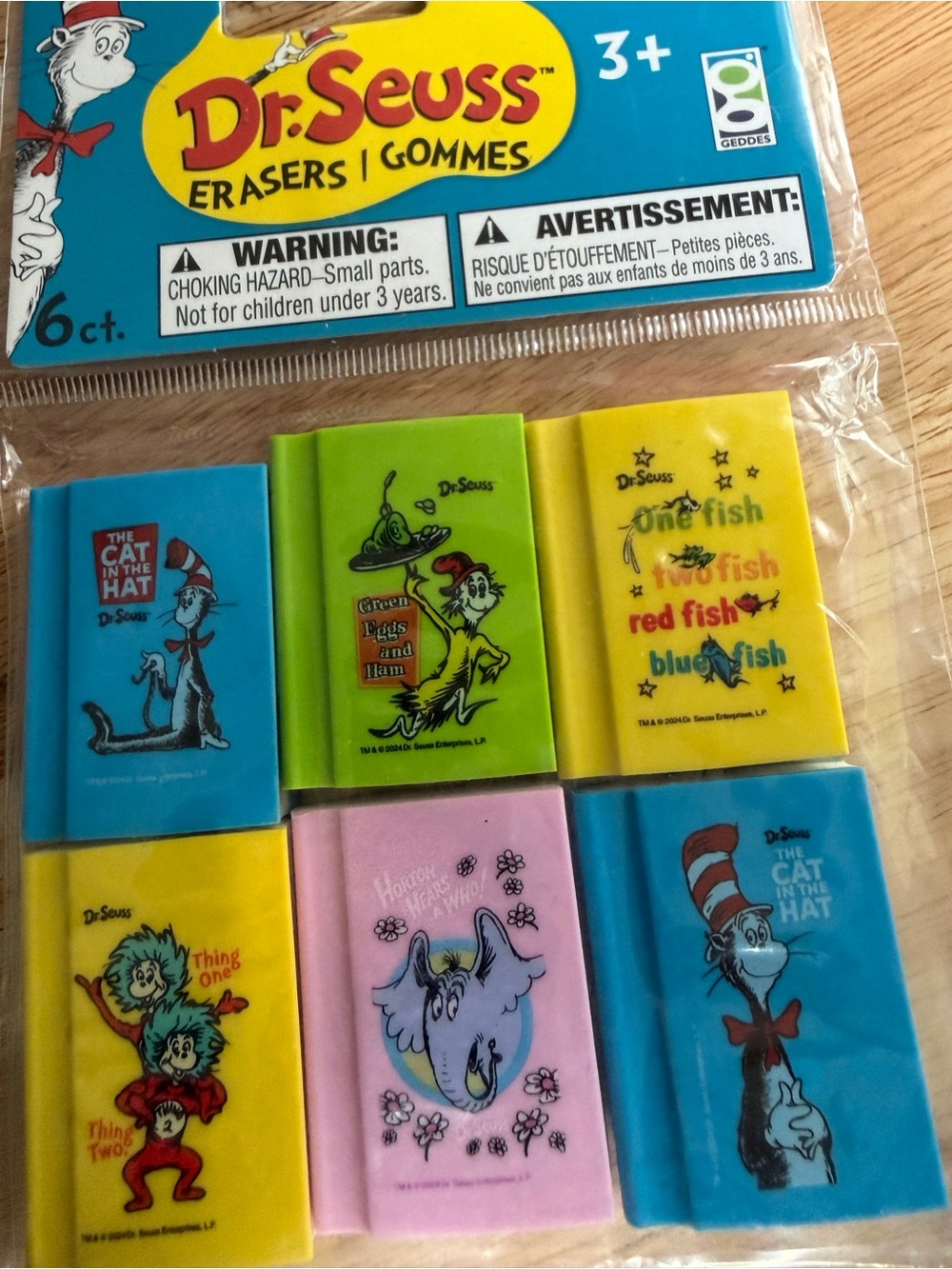 Dr. Seuss Bright Blue Green Yellow Pink Novelty Erasers - 6 Pack